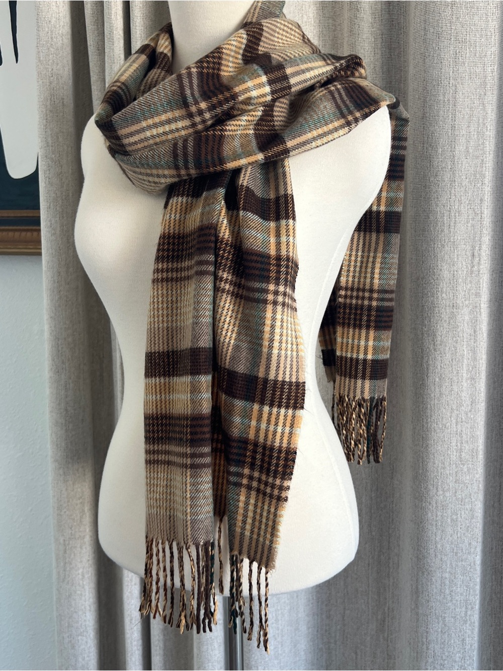 D&Y Softer Than Cashmere Scarf Brown Plaid Fringe 100% Acrylic Fall Winter OSFM